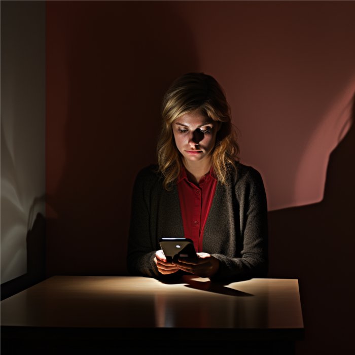 Mulher olhando celular em um canto da sala, em tons de sombra e escuros
