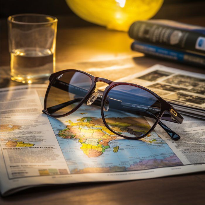 Óculos de sol em cima de mapa em uma mesa, representando férias