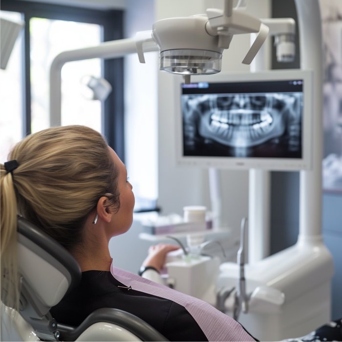 Paciente sentada em cadeira clínica analisando imagens de raio x da sua boca