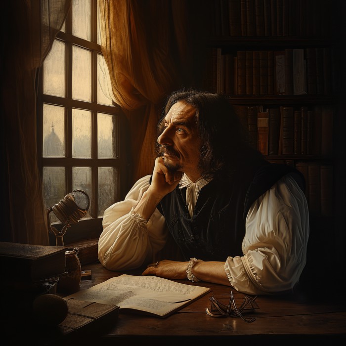 René Descartes sentado pensativo, olhando pela janela
