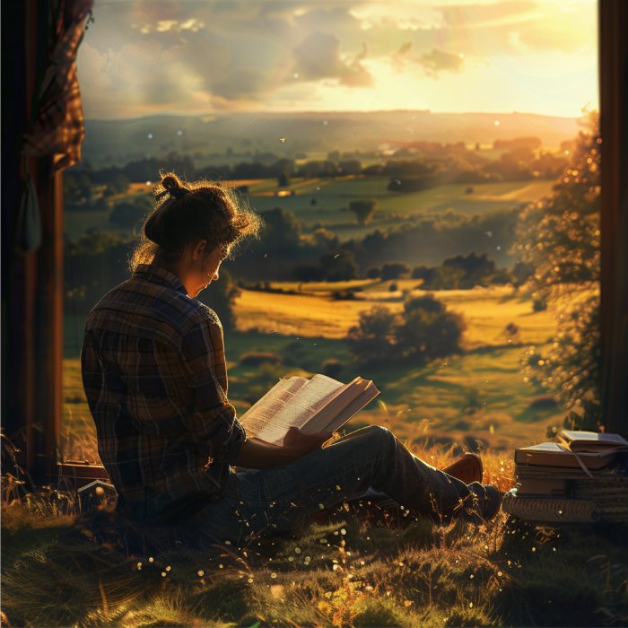 Adulta estudando para o Encceja nível médio em uma fazenda, sentada com um livro