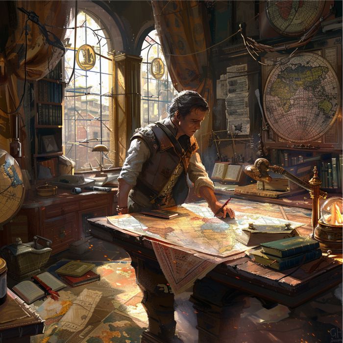 Um explorador estudando um mapa, dentro de uma sala com antiguidades