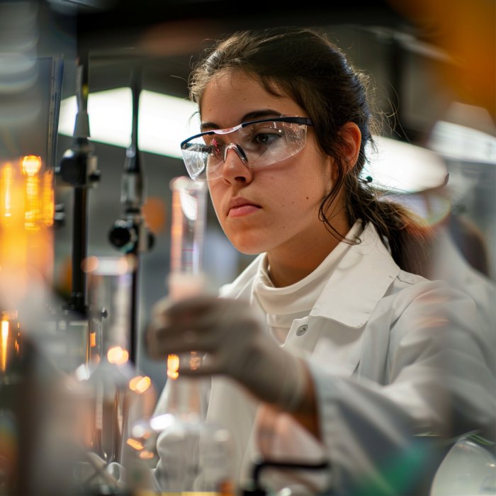 Garota com jaleco estudando química em um laboratório