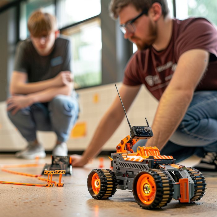 Dois alunos de faculdade estudando robótica educacional com carrinhos de brinquedo