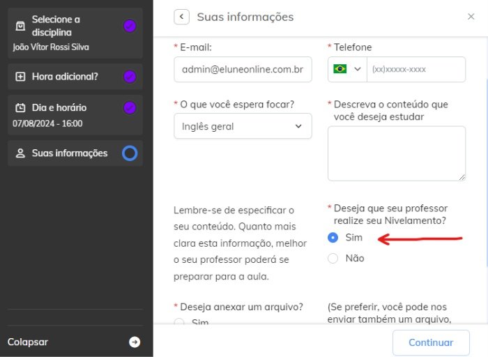 Painel de agendamento de aula particular de inglês