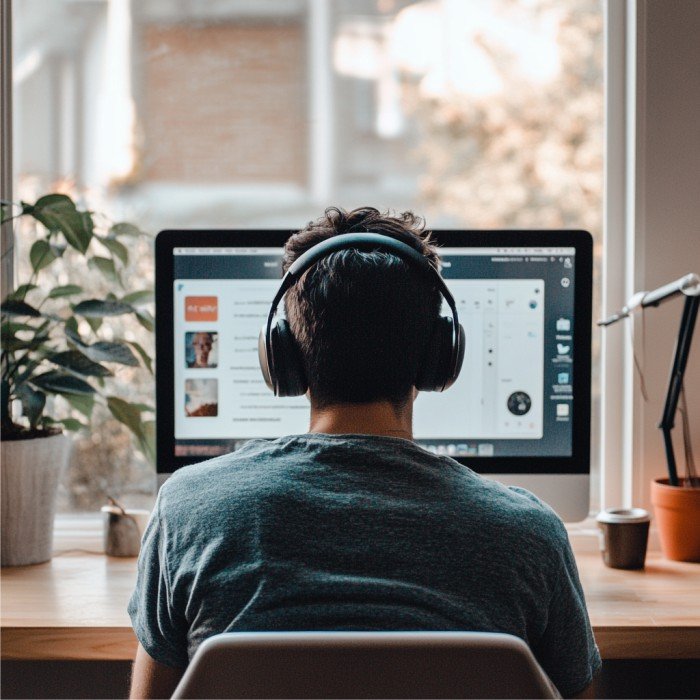 Homem de costas estudando de frente a um computador