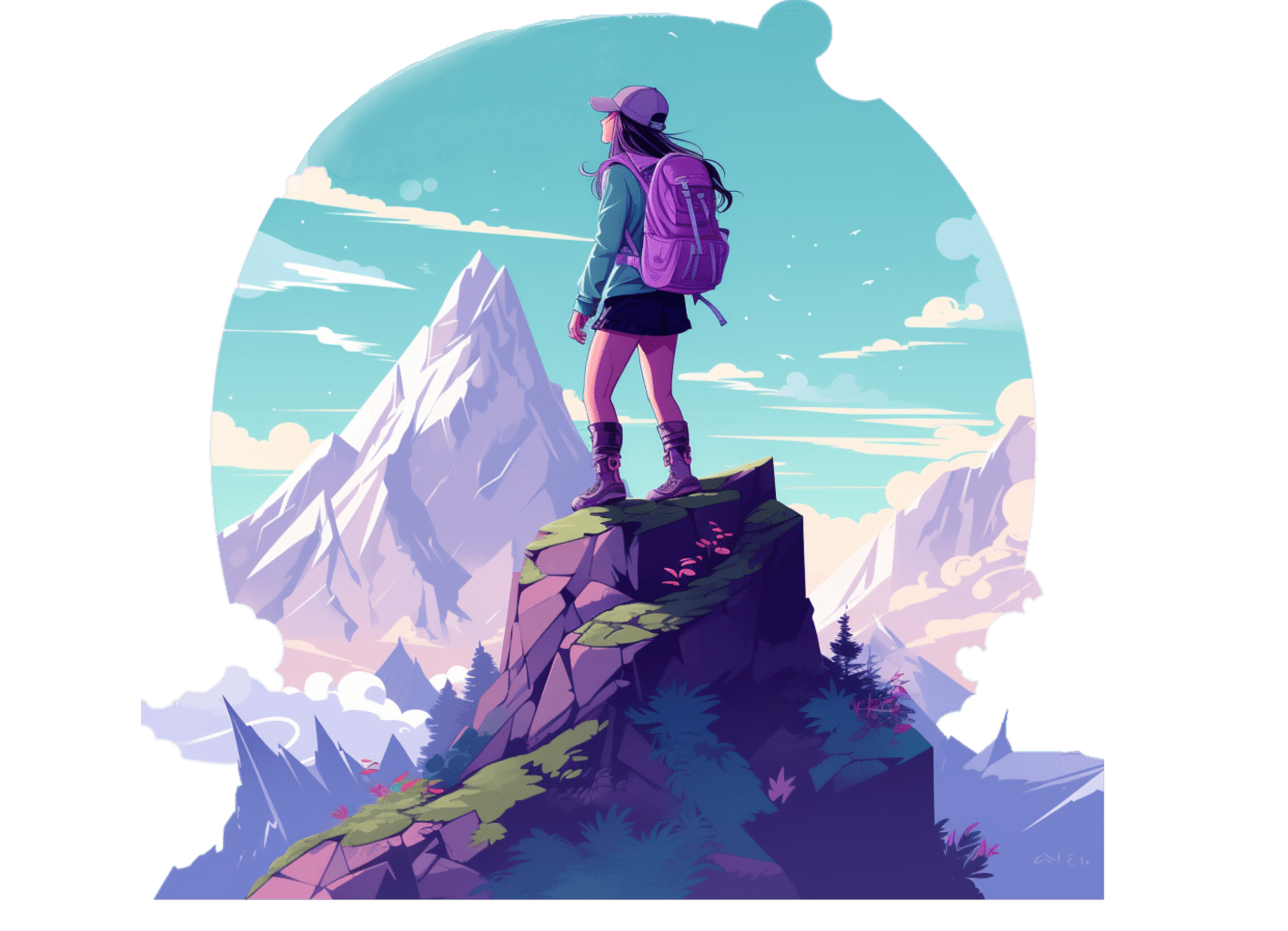 Menina estudante no alto de uma colina