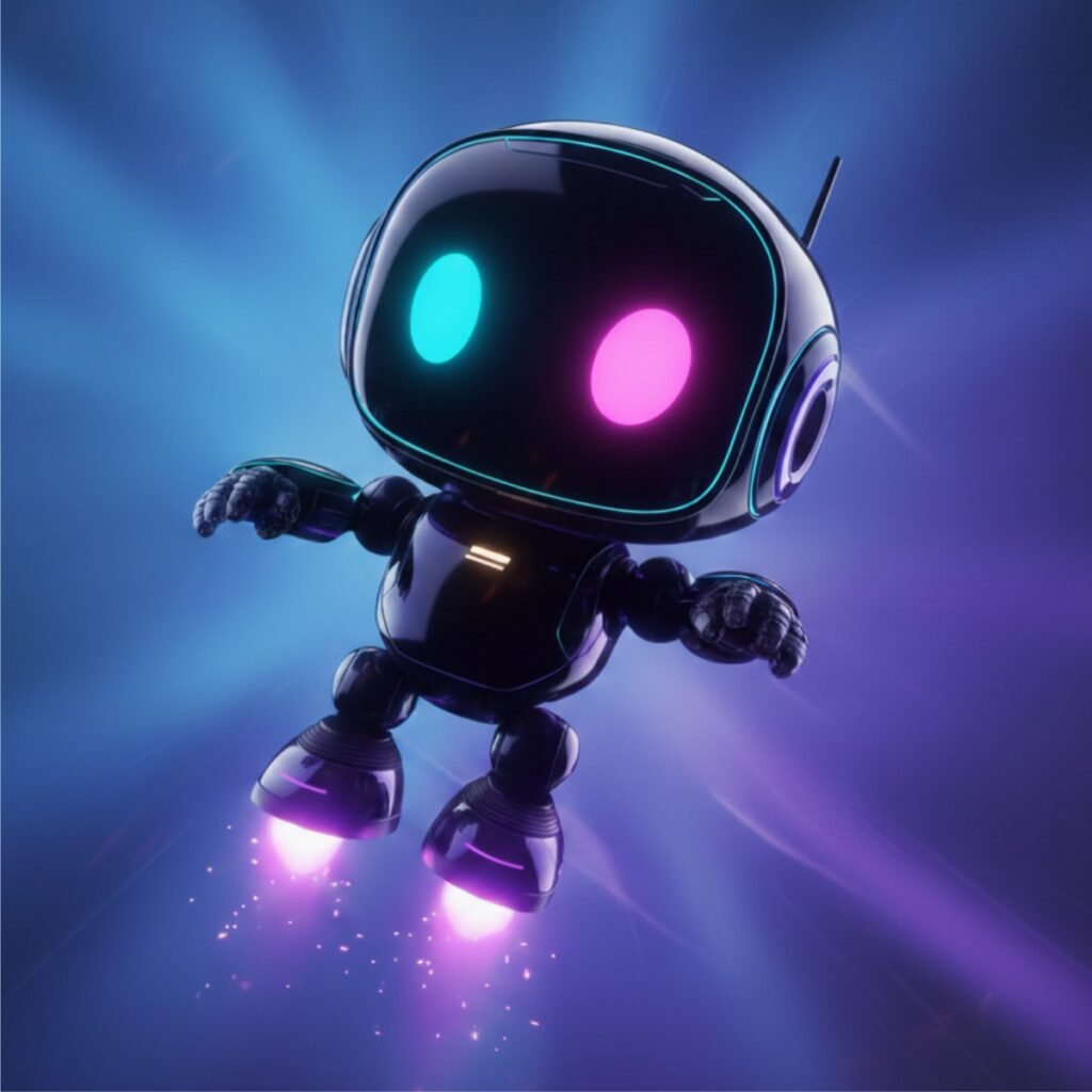 Robô Inteligência Artificial com um olho azul e outro rosa flutuando no espaço